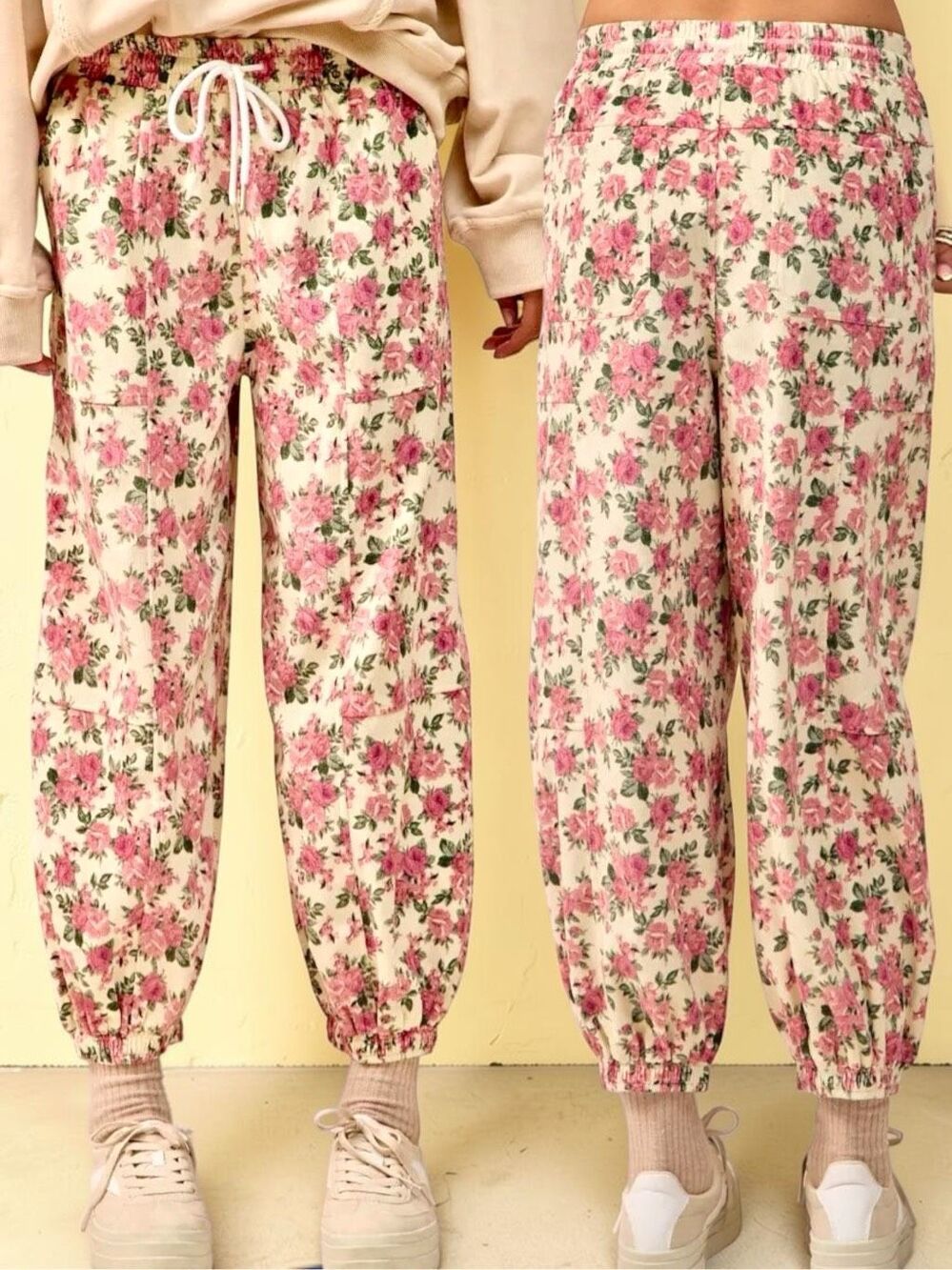 BiBi Floral Jogger Pants Pink Rose Drawstring Twill Elastic Waist Large NEW - Picture 5 of 12